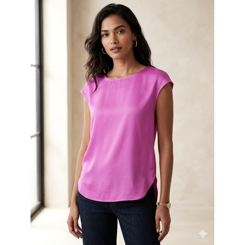 Banana Republic Blouse Women XS Pink Cap Sleeve Satin Keyhole Back Shell Top